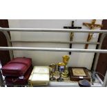 Group of Religious items including crucifix, kneelers, plaques, 2 x Bibles, 4 x chalices etc