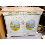 Duck egg blue painted marble top sideboard, 2 drawers over 2 doors, oval panelled doors painted with