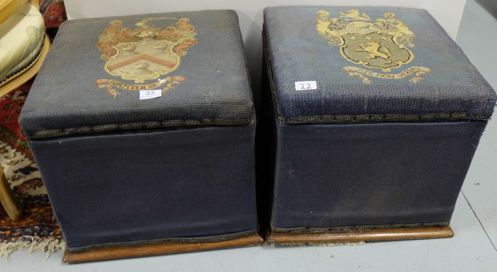 Pair of 19thC tapestry covered foot stools with crested and hinged lids, Res Non Verba” etc, 16”w