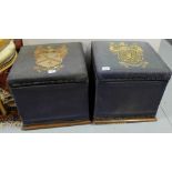 Pair of 19thC tapestry covered foot stools with crested and hinged lids, Res Non Verba” etc, 16”w