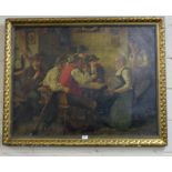 Large Oil Painting – Interesting 19thC Interior Tavern Scene, signed lower right, in a moulded