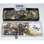 Assortment of fobs, silver seal stamps, pendants (some gold, with semi-precious stones)