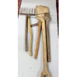 5 wooden handled farm tools – a scythe, butter spade, soil sampler etc