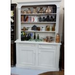 Modern Pine Kitchen Dresser, painted grey, 3 shelves above 2 apron drawers, 2 cabinets below, 86”h x