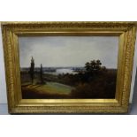 Late 19th Century, Oil on canvas, country parkland with lake in view on a moulded gilt frame, signed