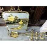 3 piece brass fire iron set and a matching pair of fire dogs and brass framed mirror fire screen (