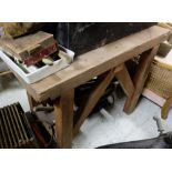 Narrow Pine Work Bench with a rectangular top, metal straps, 39.5”w x 17”d