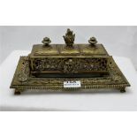 Late 19thC Cast Brass Desk p Inkwell with 3 compartments, 11”w x 6.5”