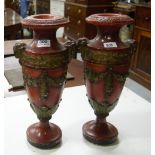 Matching pair of plaster vases, painted red, classic style, 18"h