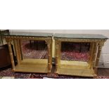 Matching pair of console tables, with breakfront green marble tops over a base supported by Doric