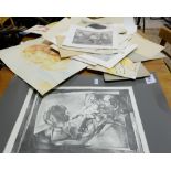 Bundle of unframed drawings & watercolours – portraits, floral etc