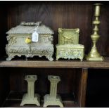 6 brass items - pair of candlesticks, 2 caskets etc