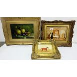 3 Oil Paintings, Still Life of Fruit, signed 1911, Study of racehorse, and oil on board, "The Monk's