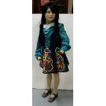 Girl's green traditional Irish dancing costume, green satin blouse, black bodiced skirt with