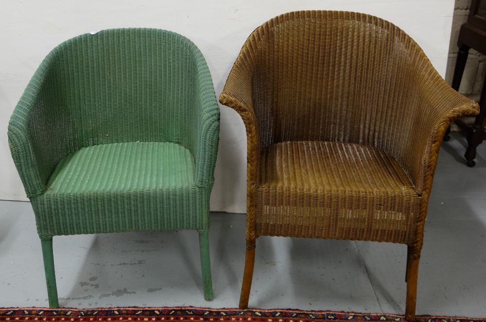 2 Bergere armchairs, one brown, one green