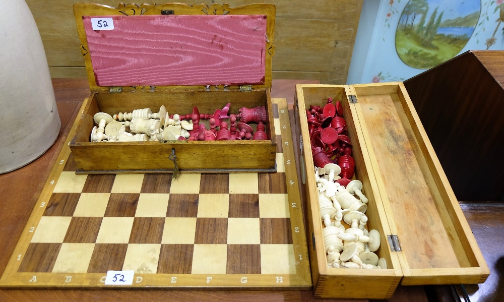 1 x Wooden Chess Board and 2 x full sets of chess pieces, each in a wooden box, one box with 2