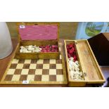 1 x Wooden Chess Board and 2 x full sets of chess pieces, each in a wooden box, one box with 2