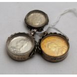 3 mounted coins in silver pendants – 1887 English Shilling, Queen Victorian Silver Sixpence & Gold