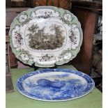 4 x Victorian meat plates, 1 green with garden scene and one oval with turkey (Wedgewood) & 2 meat