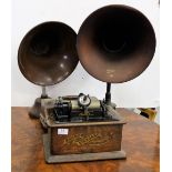 Edison Standard Phonograph with case (Osborne Belfast) & 2 free standing speakers (3)