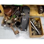2 boxes of old motorbike/car parts, petrol tank, assorted tools, blow torch & “Touch Tone”