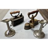 Pair of Pewter Candlesticks with handles & 2 old Clothes Irons (1 x Isaac Braithwaite)