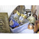 Box brassware – fire irons, fender etc & 2 bed warmings pans (1 on pole) & some kettles