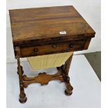 William IV Rosewood work table, the hinged fold over top fitted with green baize, with apron drawer