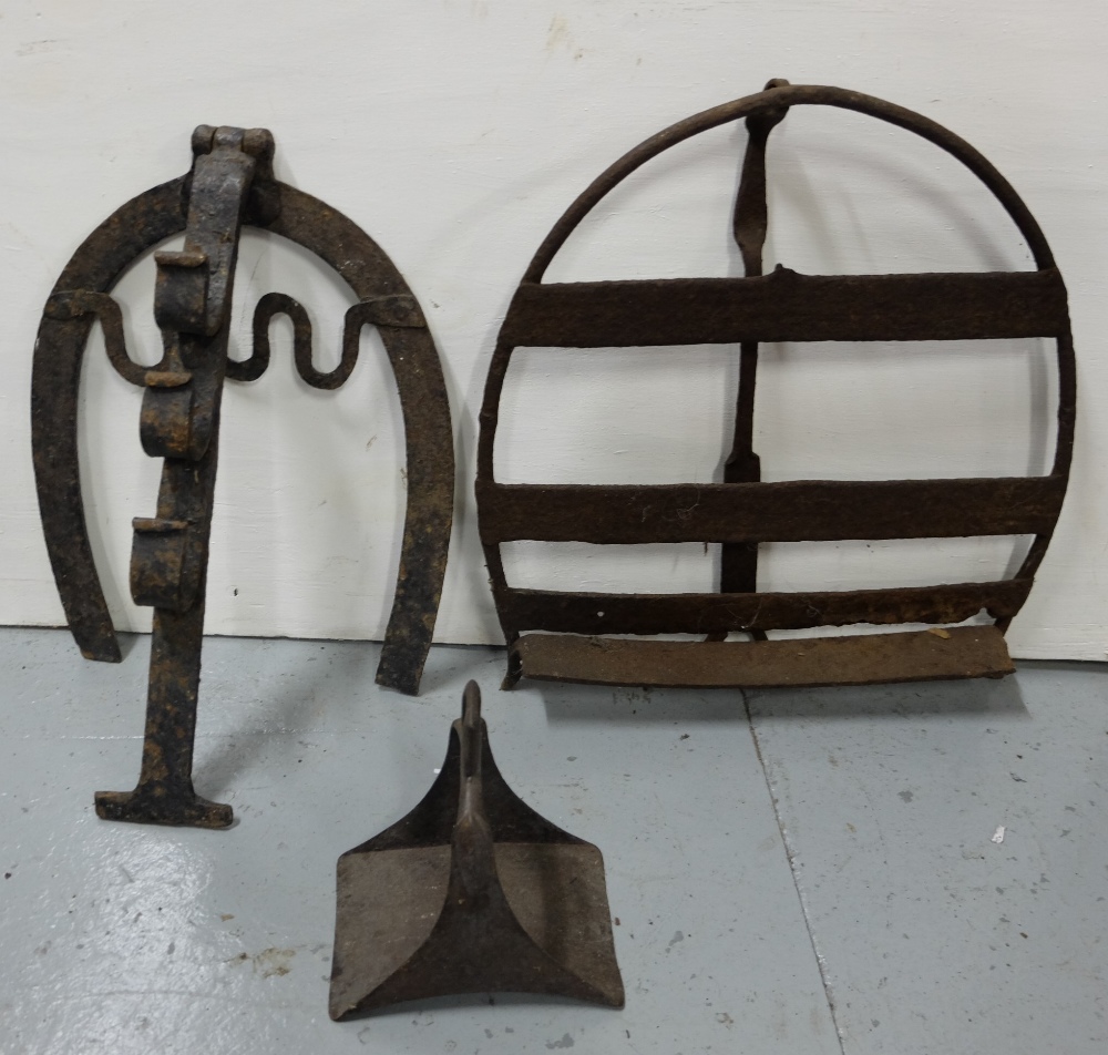 2 metal Fire Cranes & (1 oval top, adjustable) & a metal shelf (3)