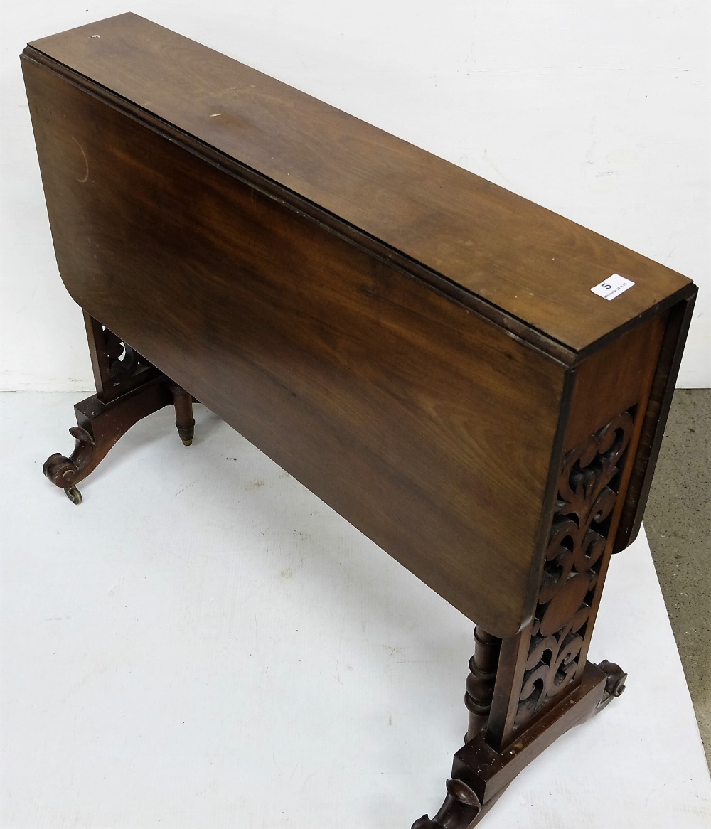 Mahogany Drop Leaf Sutherland Table with fretwork ends, 36”w (extends 37”)