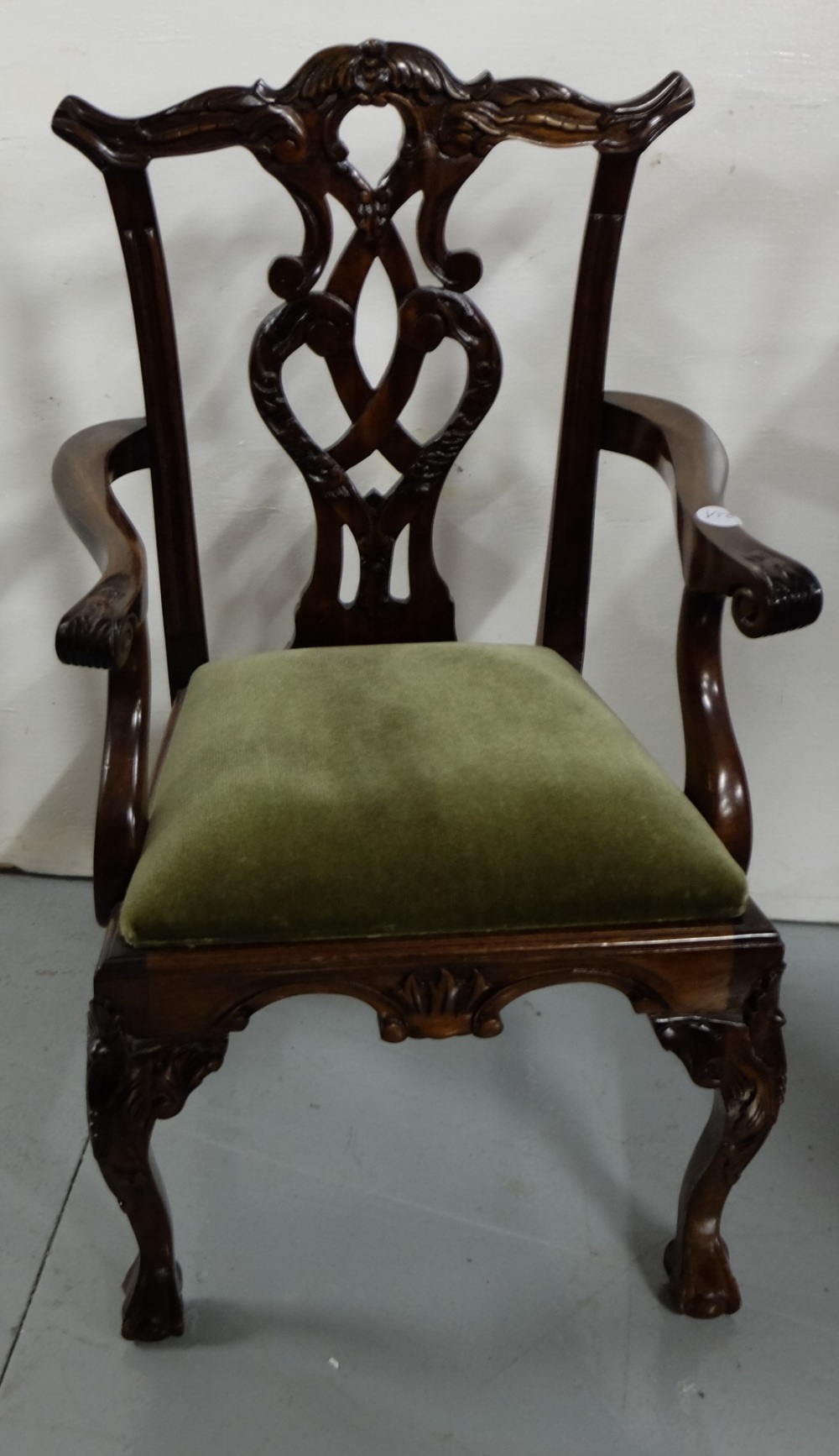 Miniature Mahogany Carver chair with loose green padded seat