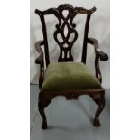 Miniature Mahogany Carver chair with loose green padded seat