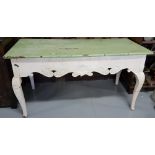 Irish Georgian pine side table, rectangular top (painted green) over a shell carved frieze, cabriole