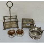 5 silver plate items – pair small coasters, a larger coaster, a rectangular basket & a plated