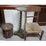 19th C Carved oak plant stand, a carved teak occasional table and 19th C mahogany Sugan chair (3)
