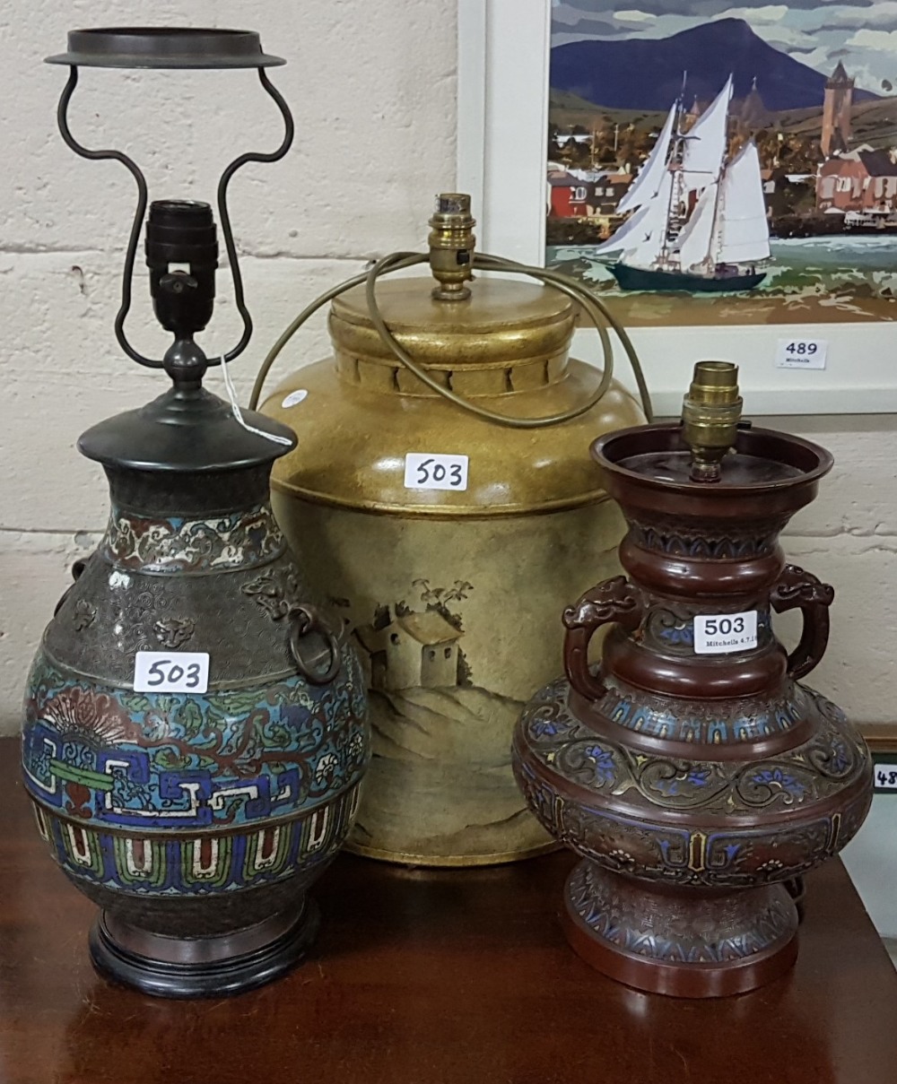 2 x Cloisonné electric table lamps and a painted tin lamp with landscape scene (3)