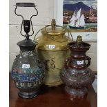 2 x Cloisonné electric table lamps and a painted tin lamp with landscape scene (3)