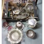 Boxed lot of silver plate items – sugar bowls, pair muffin dishes etc
