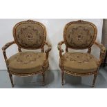 Matching Pair of Carved Gilt Wood Framed Drawing Room Chairs, with floral tapestry padded backs