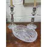 Pair of Victorian Silver Plate Candlesticks & an oval shaped Waterford Crystal Bowl (3)