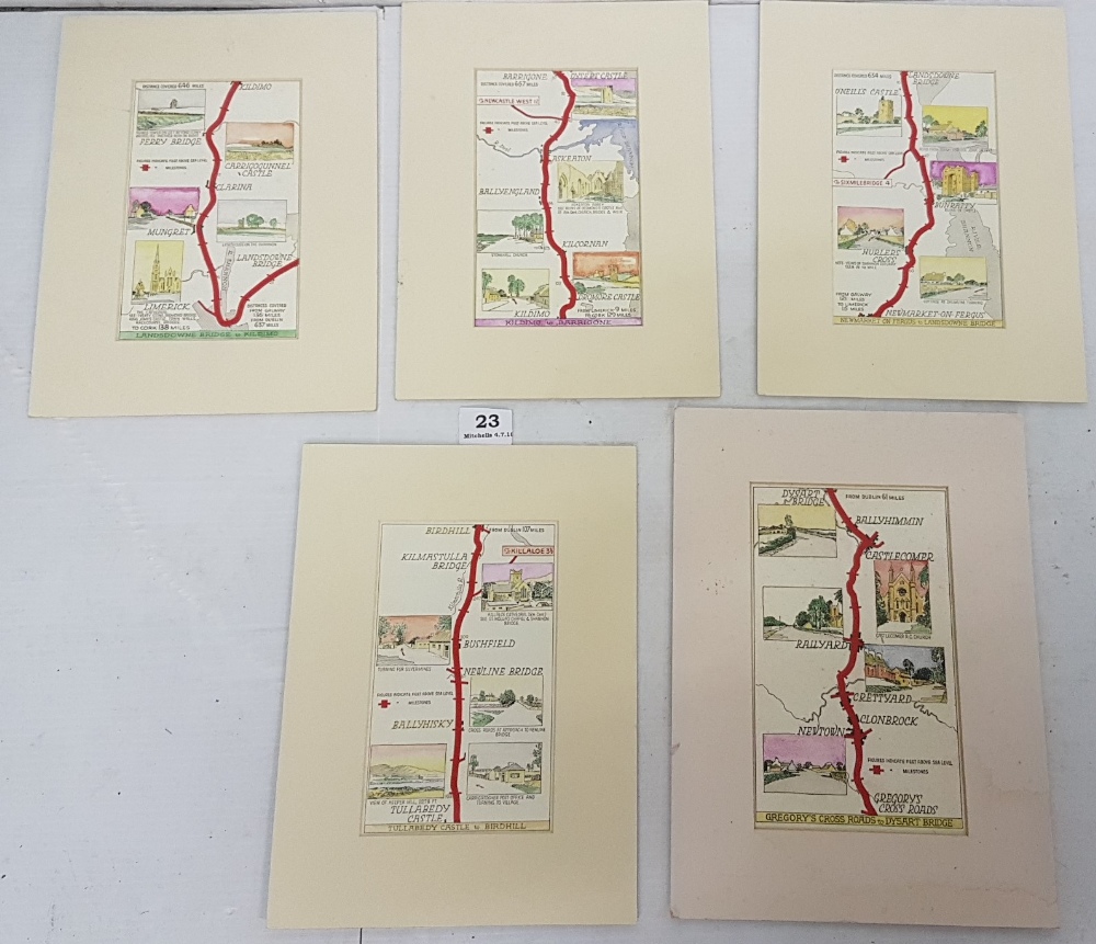 Set of 5 mounted (un-framed) hand drawn areas of interest maps of Co’s Clare and Kilkenny,
