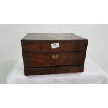 Mid 19th C walnut travelling vanity case, with original cosmetic pots, perfume bottles, jewellery