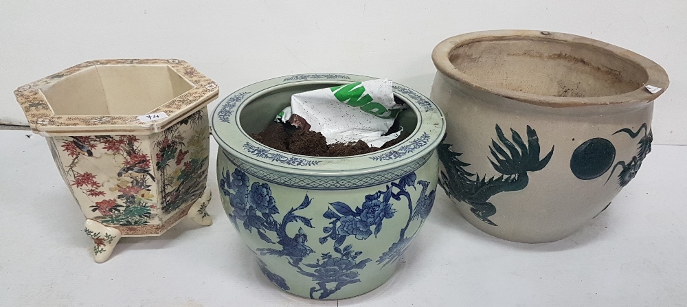 Two Chinese Porcelain Jardinières (1 blue and white garden scenes, 1 featuring dragons) & a Japanese