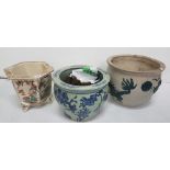 Two Chinese Porcelain Jardinières (1 blue and white garden scenes, 1 featuring dragons) & a Japanese