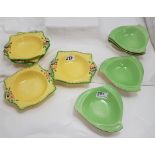2 x Sets of 5 English Dishes - Royal Winton & 1 Crown Devon, yellow and green (10)