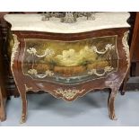 Serpentine Front Bombe Chest of 2 Drawers, with a beige marble top, the front and side panels