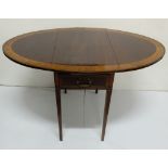 Late 19thC Mahogany Drop Leaf Pembroke Table, the oval-shaped end leaves intricately inlaid with