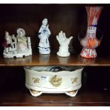 English Staffordshire Bowl (pheasants), 3 ornaments incl. a Victorian bisque child’s hand & a