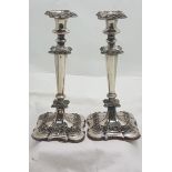 Matching Pair of Ornate Silver Plate Candlesticks, on weighted bases, stamped "Denmark" 11.5”h