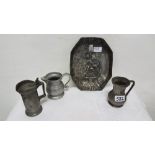 Pewter Wall Hanging, boy with dog & 3 pewter tankards/jug (4)